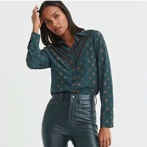 Veronica Beard Silk Deep Green Patterned Blouse